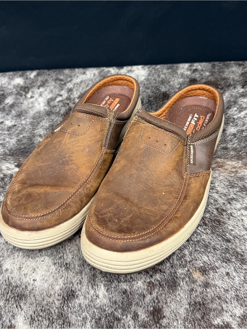 Skechers Men’s Brown Leather Slip-On Loafers with Cream Sole